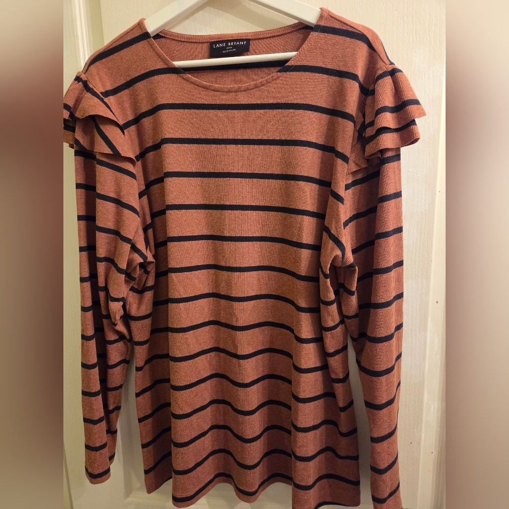 Lane Bryant Rust Stripe Ruffle-Shoulder Sweater Top
